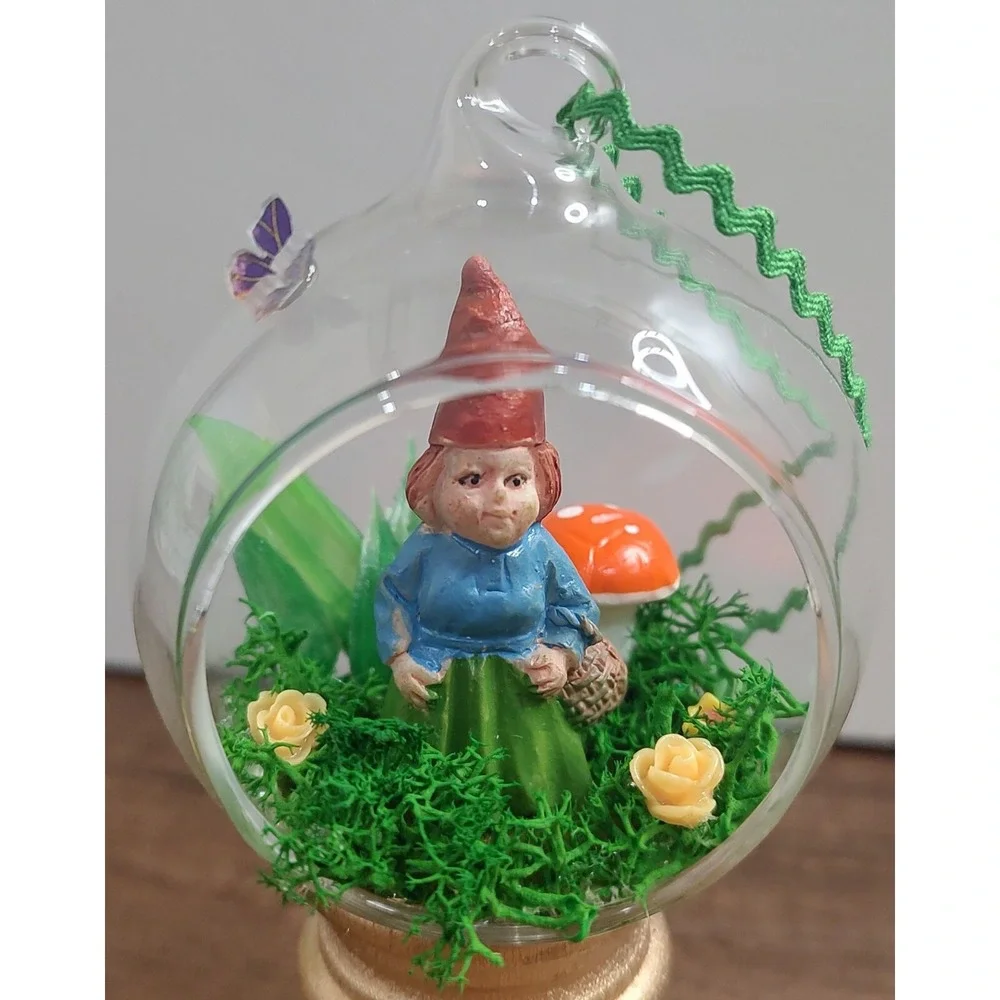 Gnome Christmas Ornament Handmade Glass Diorama Terrarium Fairy Garden Mushroom